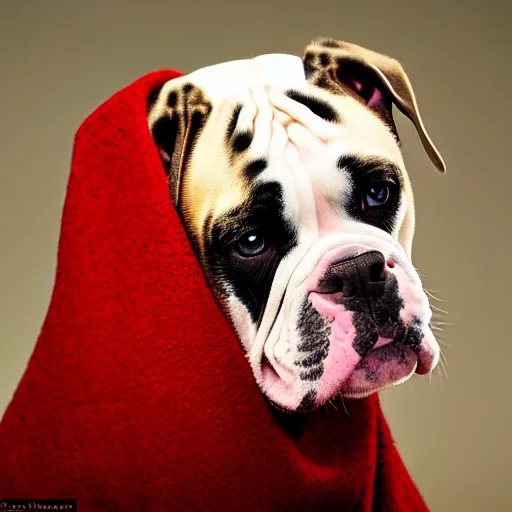 Image similar to portrait of american bulldog as afghan puppy, green eyes and red scarf looking intently, photograph by steve mccurry