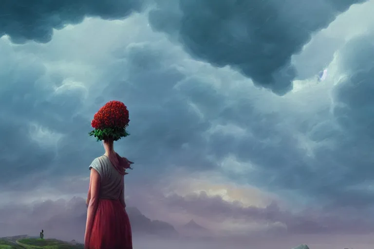 Image similar to closeup giant dahlia flower as head, girl standing on mountain, surreal photography, blue storm clouds, dramatic light, impressionist painting, digital painting, artstation, simon stalenhag