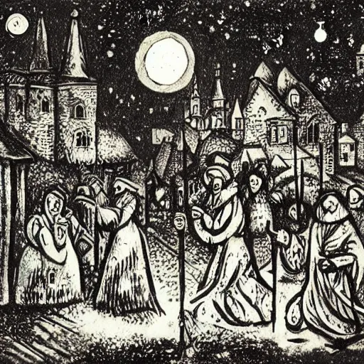 Prompt: a merry Winter nighttime outdoor scene of medieval peasants preparing for Christmas celebrations, mixed style of Hieronymus Bosch and Marc Chagall, inspired by photorealistic paintings, stunningly detailed, stunning inking lines, flat colors, 4K photorealistic, dramatic moonlight