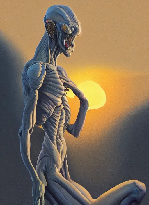 Prompt: semi reallistic gouache gesture painting, by Moebius, online artists, detailed anime 3d render of a reptilian alien on San Francisco Beach, at sunset, portrait, cgsociety, artstation, rococo mechanical, Digital reality, dieselpunk atmosphere, gesture drawn