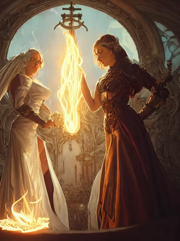 Image similar to lesbian wedding between evil pyromancer and necromancer, steampunk, unholy, white church background, detailed face, sharp focus, highly detailed, cinematic lighting, studio quality, colorful, smooth render, unreal engine 5 rendered, octane, rendered, by artgerm, greg rutkowski, alphonse mucha