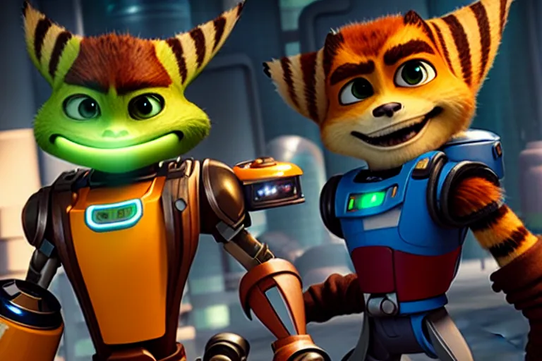 Image similar to live action film still of ratchet and clank in the new sci - fi movie