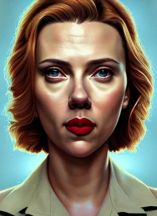 Prompt: twin peaks movie poster art, portrait of scarlett johansson, from scene from twin peaks, clean, simple illustration, nostalgic, domestic, highly detailed, digital painting, artstation, concept art, smooth, sharp focus, illustration, artgerm, donato giancola, joseph christian leyendecker, wlop