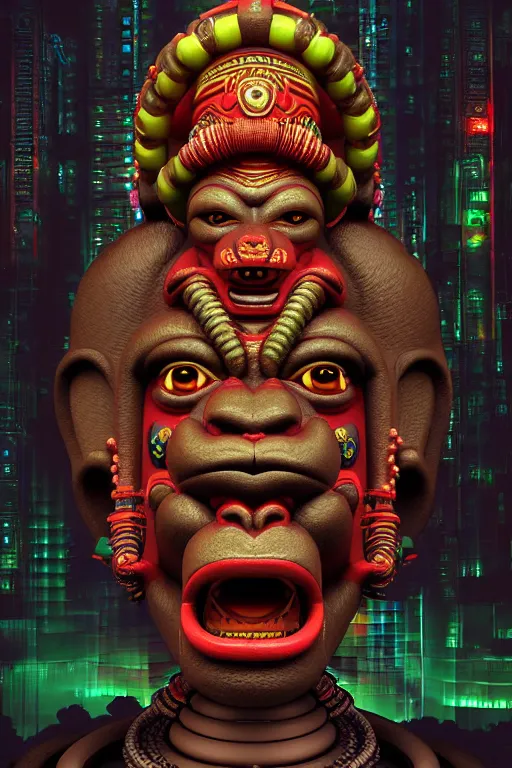 Image similar to high quality 3 d render post - rococo cyberpunk hanuman! head building, neon madhubani, open mouth, highly detailed, in sci - fi mumbai, cinematic smooth unreal engine, lee madgwick & liam wong, dramatic light, low angle, uhd 8 k, sharp focus