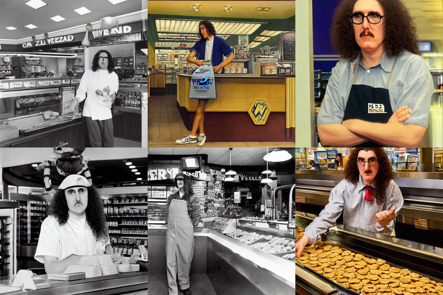 Prompt: Weird Al Yankovic working at 'wetzel's pretzels' in the mall food court, by Eugene de Blaas