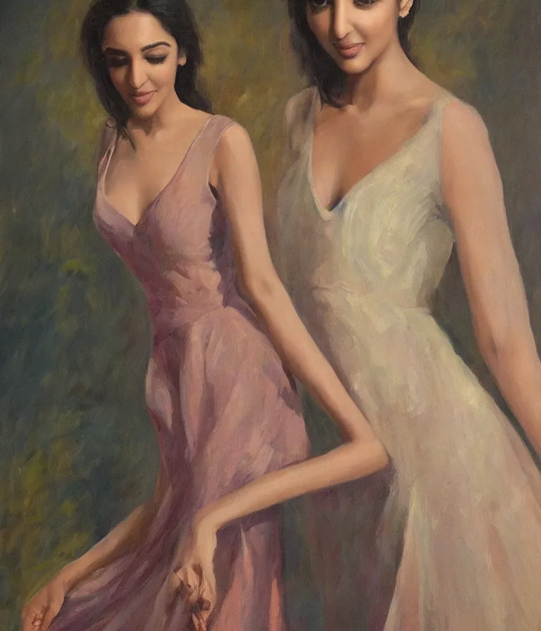 Image similar to Kiara Advani in V-neck minidress. history painting, dusk, flowy dress, artstation, oil on canvas, by Albert Aublet, Private Collection