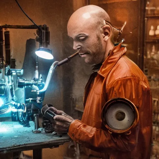 Prompt: balding cyborg professor using jeweller's loupe with orange led light, inspecting complex gun made from rusted metal kitchen utensils, smoking soldering iron, fluorescent lighting, messy workshop, highly detailed, sci - fi, futuristic, movie still from blade runner