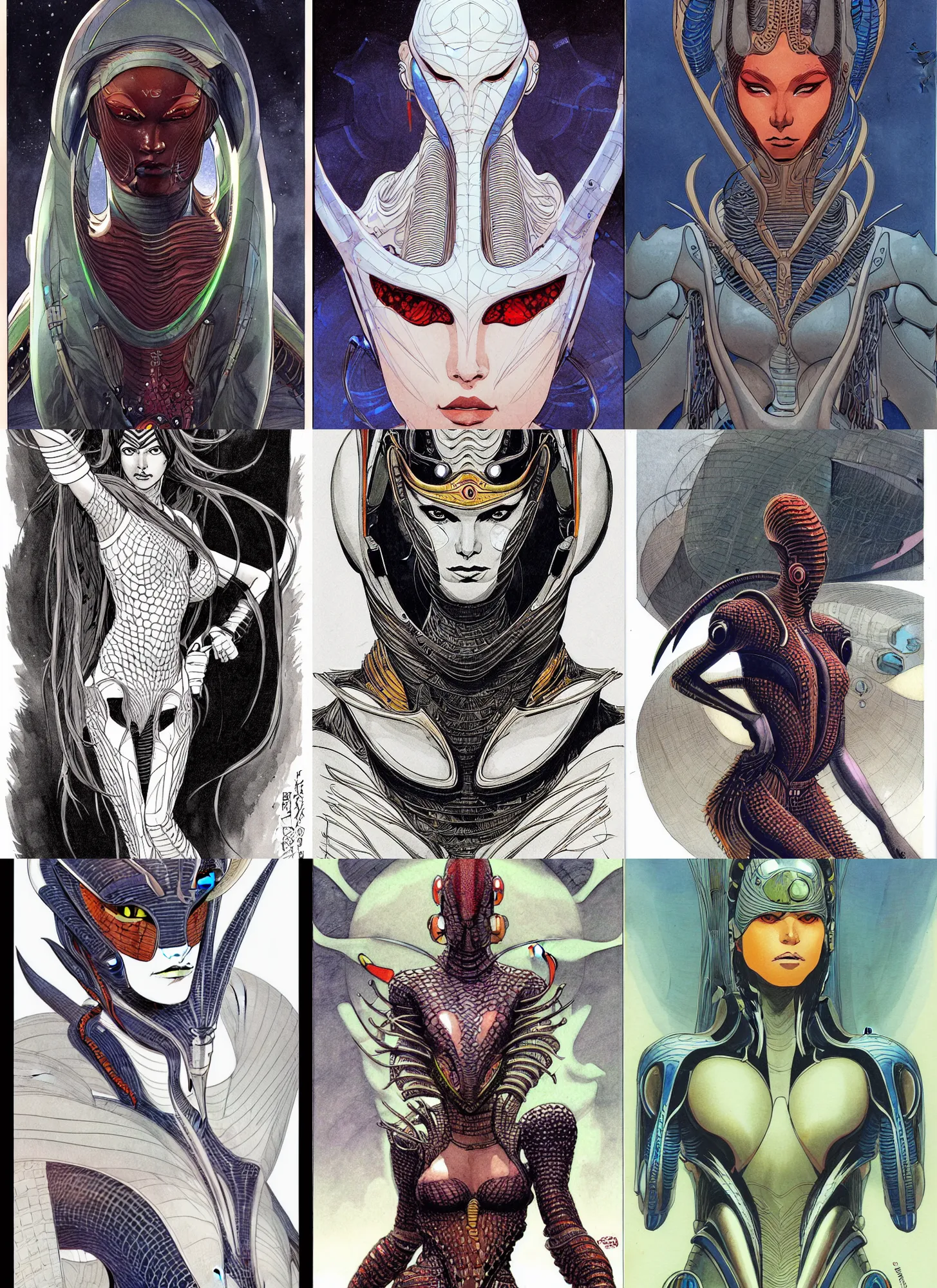 Prompt: futuristic naga warrior! sci - fi! moebius, milo manara, hugo pratt, french comic art, semi - realistic anime, portrait, beautiful face, symmetrical face, trending on pixiv, detailed, clean lines, sharp lines, crisp lines, award winning illustration, masterpiece, 4 k