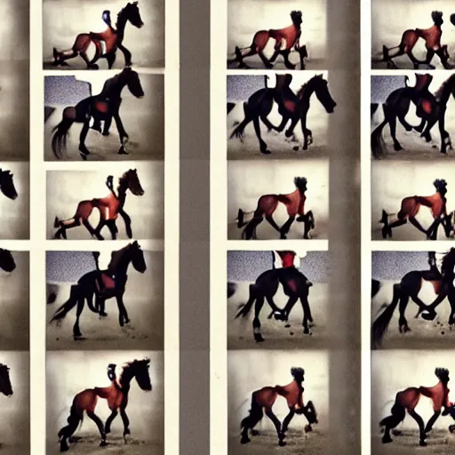 Prompt: an animation of a horse running left to right shot frame by frame, separated into equally sized frames, from'learning to animate'