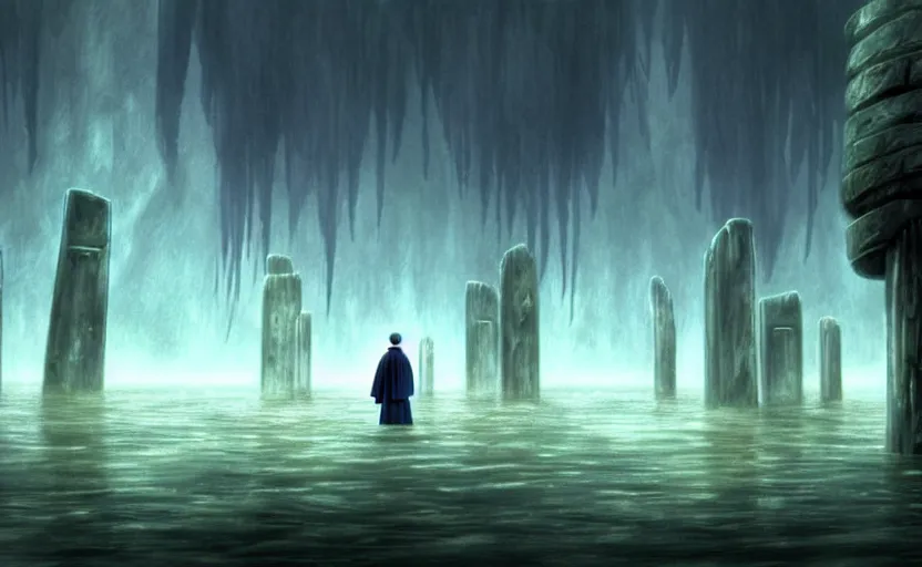 Prompt: a realistic and atmospheric cell - shaded concept art from howl's moving castle ( 2 0 0 4 ) of a grey monk standing in a futurist sci - fi city that looks like stonehenge in a flooded rainforest. it is a misty starry night. very dull muted colors, hd, 4 k, hq
