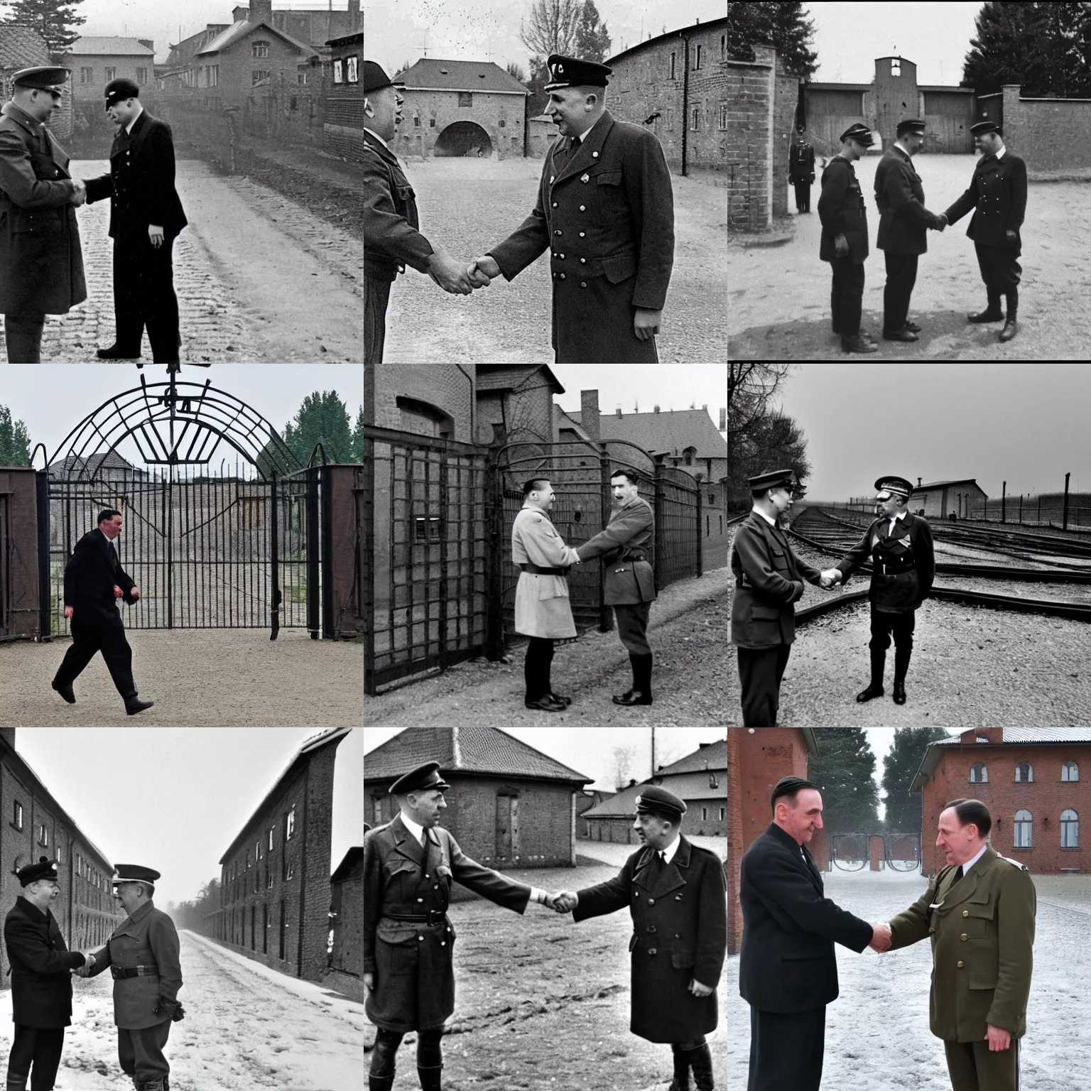 Prompt: luca zaia in front of auschwitz gate, luca zaia meets hitler in front of arbreit macht frei gate, luca zaia shakes hands with hitler in front of auschwitz concentration field gate arbreit macht frei