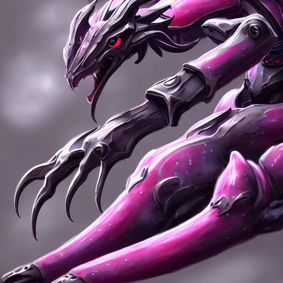 Image similar to very close up foot pov shot, detailed close foot shot, feet art, furry paw pov, paw pov, dragon paw, paws, hyperdetailed elegant beautiful stunning hot anthropomorphic mecha female dragon, sharp silver armor fuchsia skin, showing high quality hyperdetailed paws mecha dragon feet at camera, claws, warframe fanart, furaffinity, deviantart