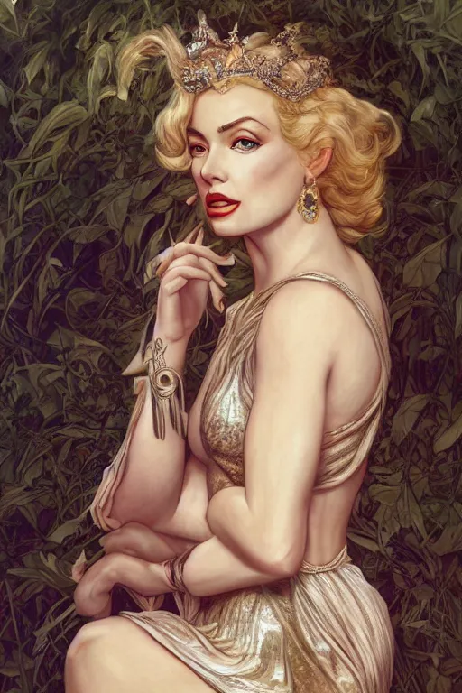 Prompt: ultra realistic illustration, a stunningly beautiful greek goddess of chaos played by marilyn monroe and christina hendricks and margot robbie and taylor swift and megan fox and emma stone and britney spears, intricate, elegant, highly detailed, digital painting, artstation, concept art, smooth, sharp focus, illustration, art by artgerm and greg rutkowski and alphonse mucha