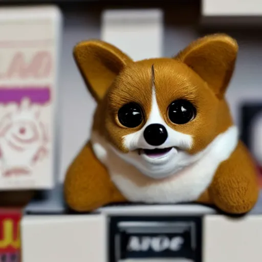 Prompt: a corgi furby toy on a store shelf, close - up photo, uncanny, nostalgic