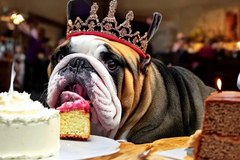 Image similar to an english bulldog wearing a crown and eating cake