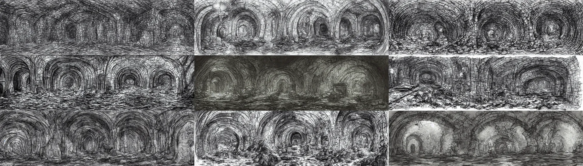 Prompt: intersection of flooded sewer tunnels. fantasy art, underground, stream, musty, damp, sewage, darkness, underground, catacombs, abandoned spaces, torchlight. sketch art earthdawn campaign setting. myth drannor. parlainth. by fred fields.