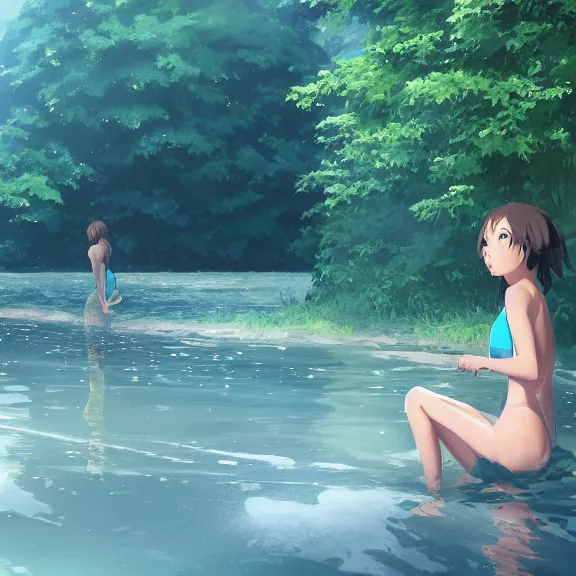 Image similar to one single girl wearing a blue full body bathing suit wading, wading weight high water, standing in a narrow river, trees bent over the river, shady, ripples, facing, looking at the camera, inviting look, atmospheric lighting. By Makoto Shinkai, Stanley Artgerm Lau, WLOP, Rossdraws, James Jean, Andrei Riabovitchev, Marc Simonetti, krenz cushart, Sakimichan, trending on ArtStation, digital art.