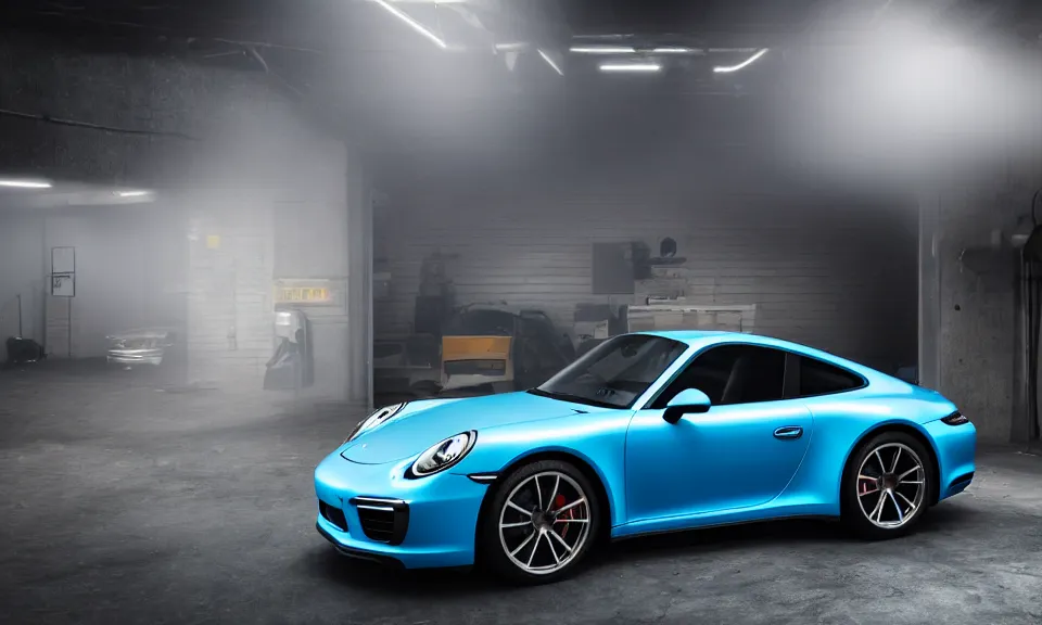 Image similar to photograph of a blue porsche 911 standing in a garage, centered, mist, volumetric light, cinematic lighting, octane render, 4k, ultra realistic