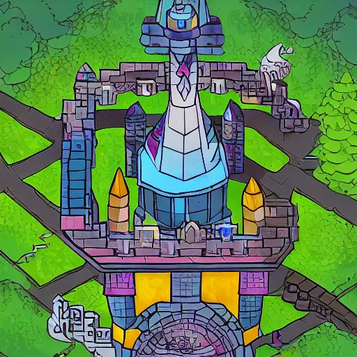 Prompt: aerial view of wizard tower, colored lineart game tile