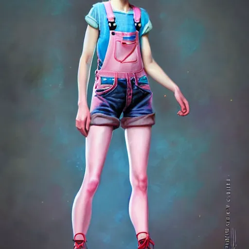 Image similar to full body pose, pixar, beautiful androgynous girl, pink pixie cut hair, torn overalls, short shorts, combat boots, fishnets, beautiful, highly detailed face, true anatomy!, extremely detailed!, digital painting, unreal engine 5, art by tom bagshaw