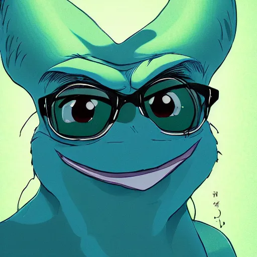 Image similar to high quality portrait of pepe meme. art by makoto shinkai, crunchyroll, pixiv, danbooru, hd, headshot, cinematic still, detailed anime face, bokeh, digital art, cel shading, vivid colors, ambient lighting