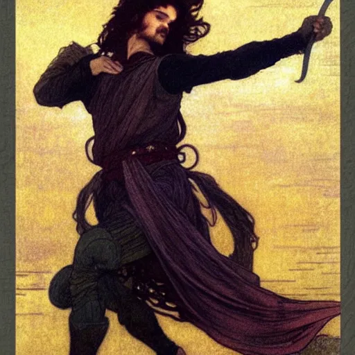 Image similar to a golden swordsman leans back as he dances elegantly in the wind, his robes and long hair flowing in the breeze, his enemies lying on the ground below, fantasy, Mucha, MTG, Game of Thrones, salsa dancing, Rossetti, Millais