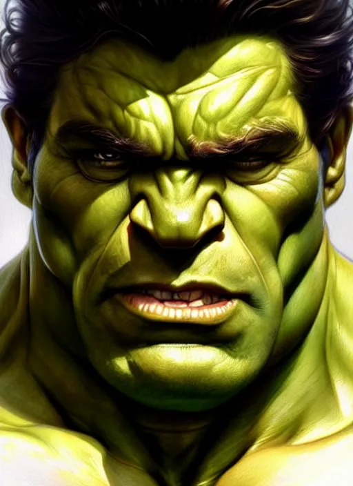 Image similar to Portrait of The Hulk, D&D, muscular, fantasy, intricate, elegant, highly detailed, digital painting, artstation, concept art, smooth, sharp focus, illustration, art by artgerm and greg rutkowski and alphonse mucha