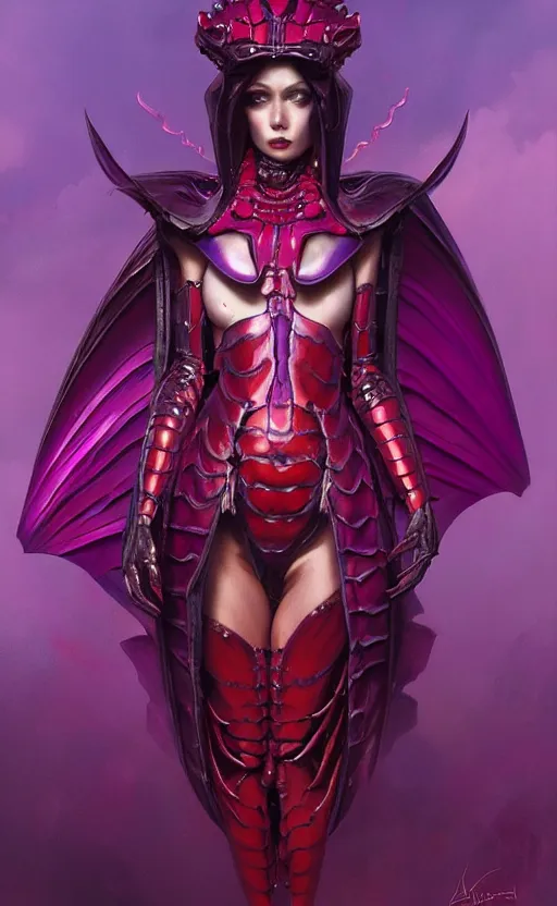 Image similar to Gothic crustacean princess in red and purple chitin armor, sci-fi, highly detailed, digital painting, artstation, concept art, smooth, sharp focus, illustration, art by artgerm and greg rutkowski and alphonse mucha