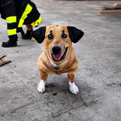 Image similar to a dog wearing construction work outfit with tools