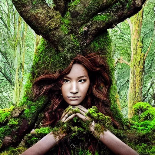 Image similar to mother nature with limbs made of trees and roots, mossy, flowers, human tree hybrid, nature, goddess