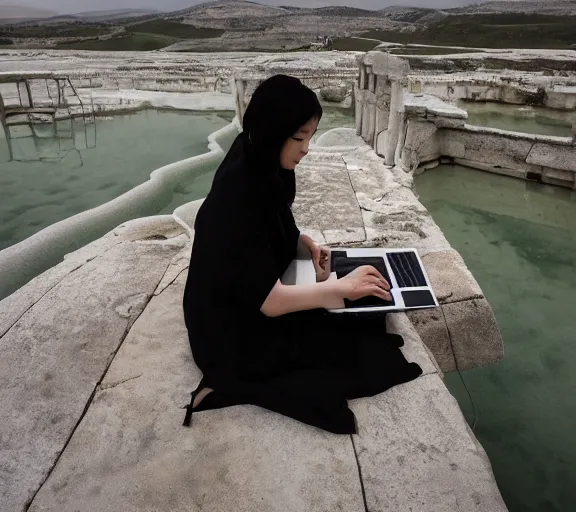 Image similar to Lee Jin-Eun hacking a laptop at Pamukkale by Martine Johanna, rule of thirds, seductive look, beautiful
