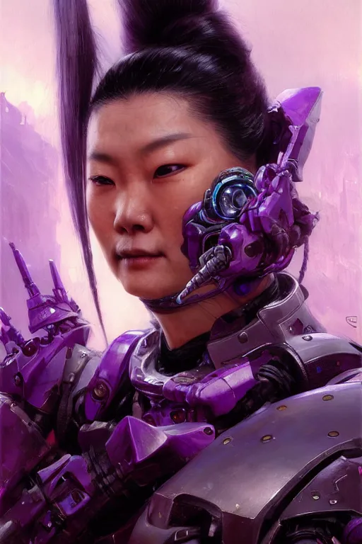 Image similar to extreme close up, facial portrait, half - chinese woman with a long black ponytail in purple sci - fi armor, wearing a kitsune mask, mechanical armor, cybernetic hands, striking pose, portrait dnd, painting by gaston bussiere, craig mullins, greg rutkowski, yoji shinkawa