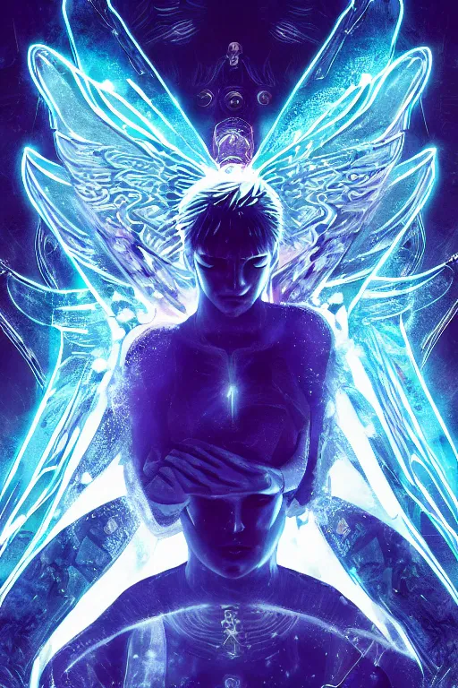 Image similar to white arc-angel with mystic robotic wings, blade runner, akira, ghost in the shell, 2077, style of Laurie Greasley and Satoshi Kon + symmetric lights and smoke, psychedelic effects , glowing particles, neon rain, glowing runes, de-noise, symmetrical composition, high detailed + tarot card, ornate border, 8k