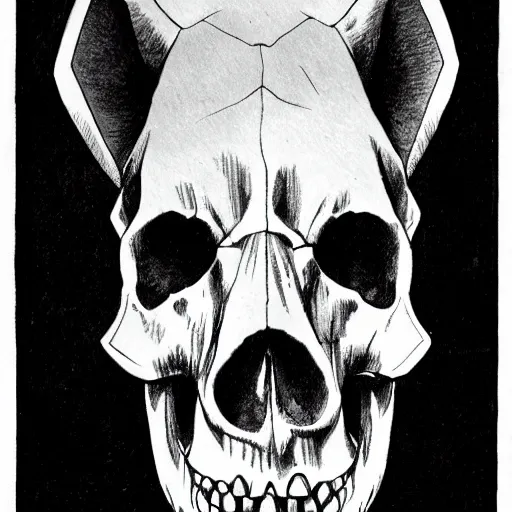 Image similar to A skull of a tapir. Frontal View, Close Up Shot, Dark Fantasy, Film Noir, Black and White. High Contrast, Mike Mignola, D&D, OSR