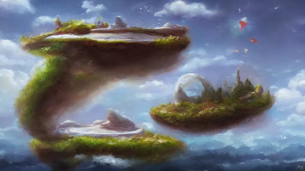 Image similar to floating island, trending on art station, oil painting, concept art