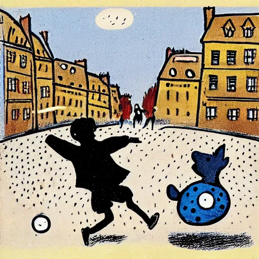 Image similar to illustration of french boy on the streets of paris playing football against a corgi, the dog is wearing a polka dot scarf, comic, 1 9 6 3