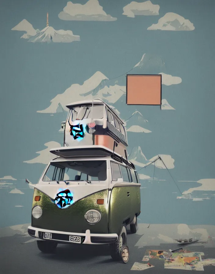 Prompt: vw camper touring rural japan, a collage painting, in the style of wes anderson, lola dupre, david hockney, isolated on negative white space background dark monochrome fluorescent spraypaint accents volumetric octane render, no double figure