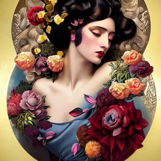 Image similar to dynamic composition, a painting of a woman with hair of flowers and raven plummage wearing ornate earrings, a surrealist painting by tom bagshaw and jacek yerga and tamara de lempicka and jesse king, featured on cgsociety, pop surrealism, surrealist, dramatic lighting, wiccan, pre - raphaelite, ornate gilded details