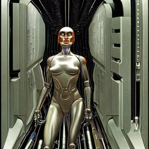 Prompt: a female with robotic interior, cyborg, by clyde caldwell, james c. christensen, h. r. giger, george tooker