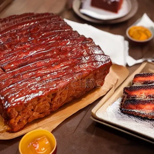 Image similar to delicious cake made out of BBQ meats, hyperrealistic, stock photo