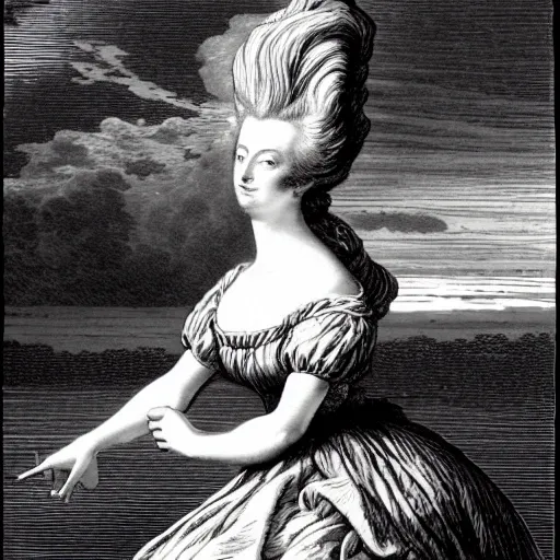 Prompt: A beautiful 19th century wood-engraving of Marie Antoinette levitating over the sea, by Édouard Riou Jules Férat and Henri de Montaut, highly detailed, fine Art, high detail, masterpiece, illustration, clear eyes, trending on artstation