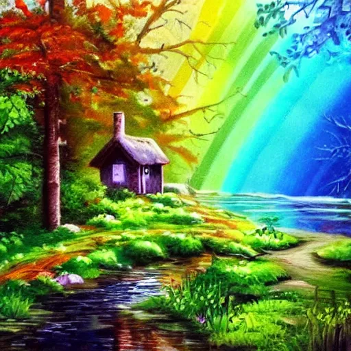 Image similar to a beautiful cottage in the forest, water painting, sun lit, flowers, rainbow