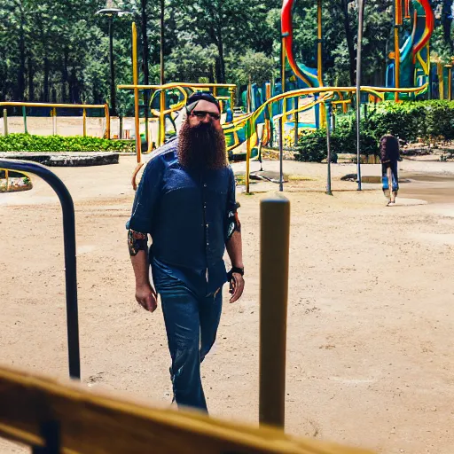 Prompt: A bearded man walks through a funpark