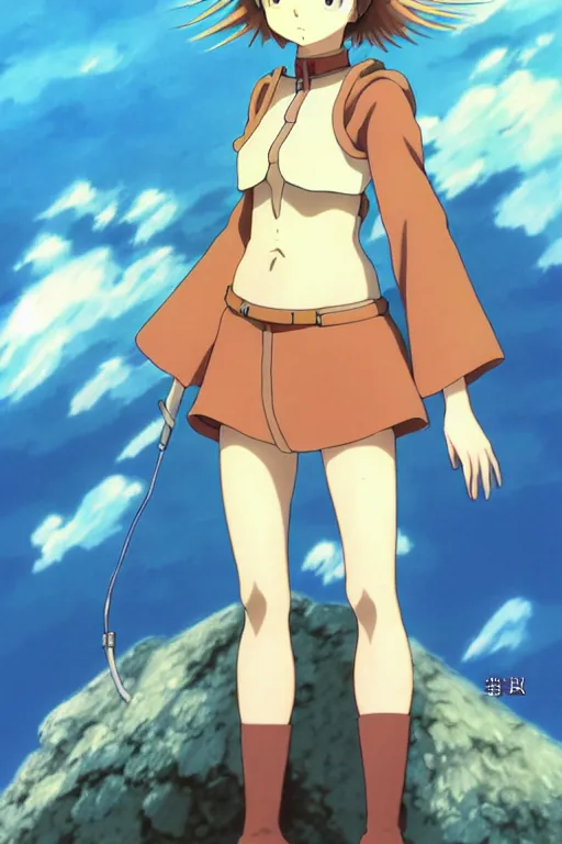 Prompt: anime art full body portrait character nausicaa by hayao miyazaki concept art, anime key visual of elegant young female, short brown hair and large eyes, finely detailed perfect face delicate features directed gaze, valley of the wind and mountains background, trending on pixiv fanbox, studio ghibli, extremely high quality artwork by kushart krenz cute sparkling eyes