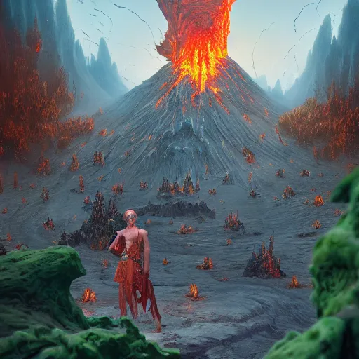 Prompt: illustrated portrait vogue designer Master Chief Sacrificing the Elves to a Volcano Volcano God Volvo Altar made of pinecones and fire kenny scharf giorgio de chirico marc simonetti greg rutkowski james gilleard anton semenov