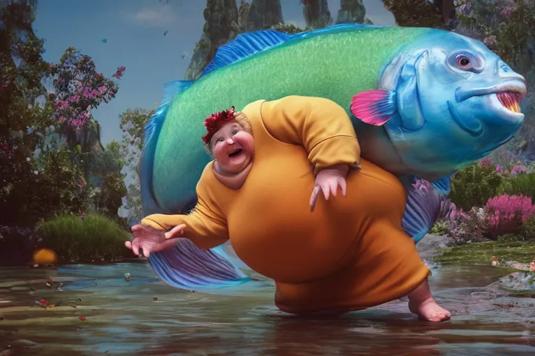 Image similar to of a very beautiful scene. ambient occlusion render. a sweet fat old woman is dancing with a huge colorful fish. hyper realistic. 4 k. wide angle. wild happiness. symmetrical face, red mouth, blue eyes. deep focus, lovely scene. ambient occlusion render. concept art. artstation. unreal engine.