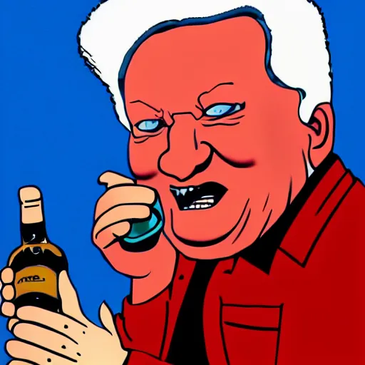 Image similar to yeltsin with red eyes holding a bottle of vodka, scary art in color