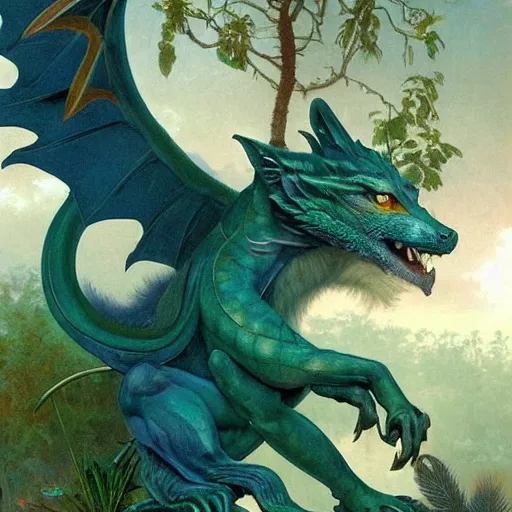Prompt: An elegant green, blue dragon with a wolf like face, it has a furry body and leathery wings, sitting on a clearing in a flowery, jungle, detailed, mtg, digital illustration, trending on artstation by William-Adolphe Bouguereau