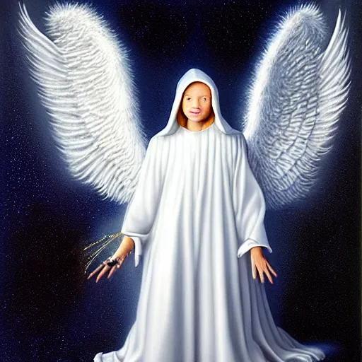 Image similar to highdetailed hyperrealistic painting of white angel in the hood lightning hands with silver sparkles!!!, giant silver ball on the chest!!!!!, 4 k hd fur face!!!, big wings, by jan van eyck, holography space, white sparkles everywhere, thin strokes, white monochrome color!!!!!, hyperrealism textures, soft