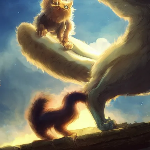 Prompt: a kid riding a monster cat in the night made by studio ghibli beautiful scene fantasy with a lot of lighting and blue colour highly detailed, digital painting, artstation, concept art, smooth, sharp focus, illustration, art by artgerm and greg rutkowski and alphonse mucha